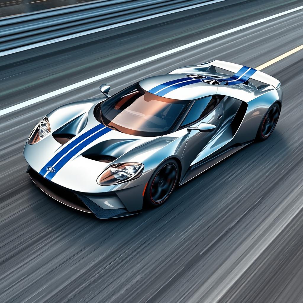 A striking design of a four-door sports car that closely resembles a Ford GT