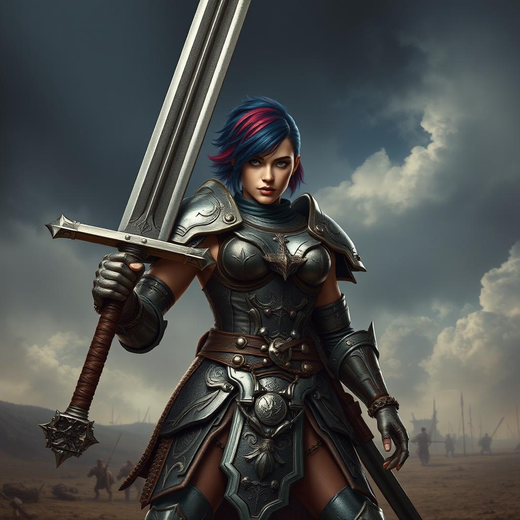 A formidable human female warrior standing with pride, gripping a large greatsword that towers above her