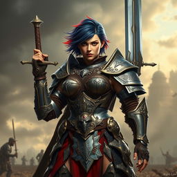 A formidable human female warrior standing with pride, gripping a large greatsword that towers above her