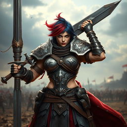 A formidable human female warrior standing with pride, gripping a large greatsword that towers above her