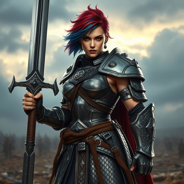 A formidable human female warrior standing with pride, gripping a large greatsword that towers above her