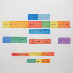 Illustrate an abstract timeline showing the intensity and change of different emotions experienced in a relationship, such as joy, sadness, anger, love, and confusion. Use color, shape, and size to represent the different emotions and their magnitudes over time.