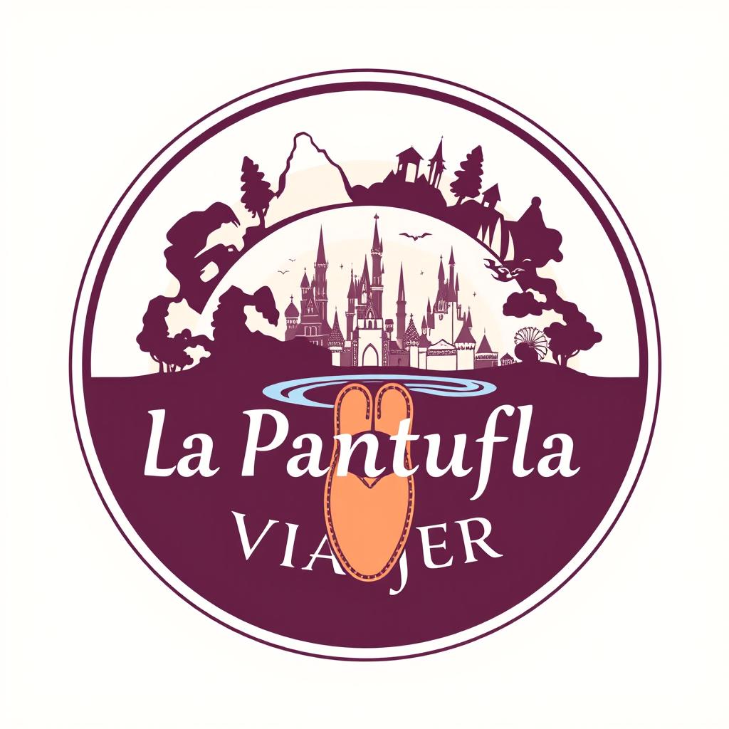 A fancy and sophisticated circular logo design for "La Pantufla Viajera," a travel agency specializing in Disney and Universal holiday destinations