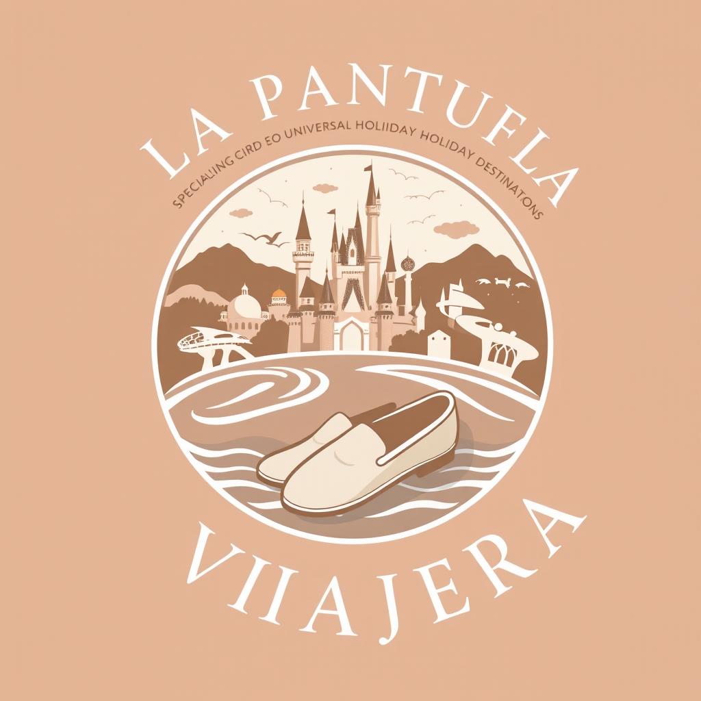 A fancy and sophisticated circular logo design for "La Pantufla Viajera," a travel agency specializing in Disney and Universal holiday destinations