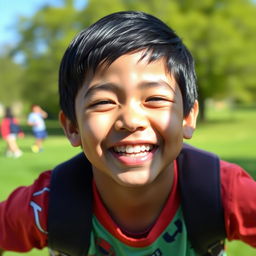 A joyful scene featuring a 10-year-old boy with black hair, smiling brightly