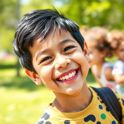 A joyful scene featuring a 10-year-old boy with black hair, smiling brightly