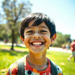 A joyful scene featuring a 10-year-old boy with black hair, smiling brightly