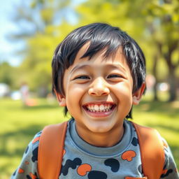 A joyful scene featuring a 10-year-old boy with black hair, smiling brightly