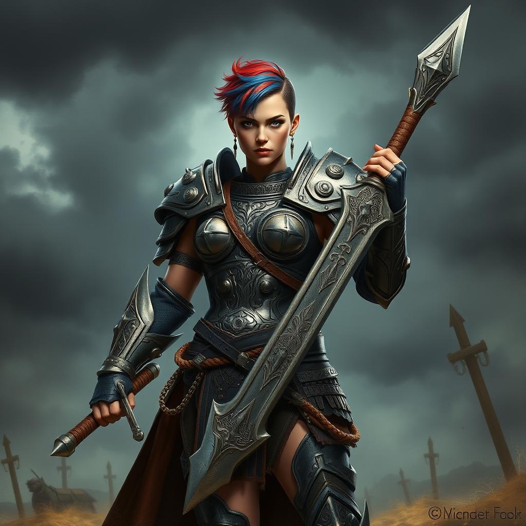 A formidable human female warrior standing tall and resolute, gripping a large greatsword with confidence