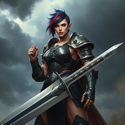 A formidable human female warrior standing tall and resolute, gripping a large greatsword with confidence