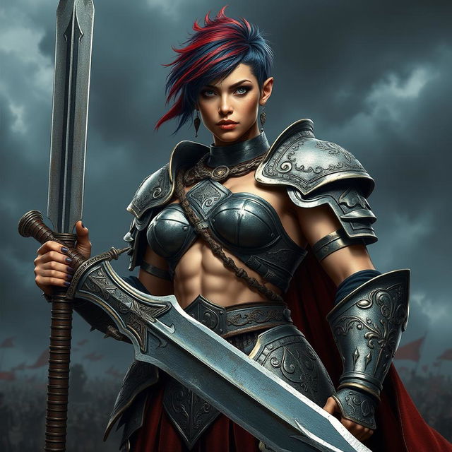 A formidable human female warrior standing tall and resolute, gripping a large greatsword with confidence