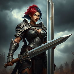 A formidable human female warrior standing tall and resolute, gripping a large greatsword with confidence