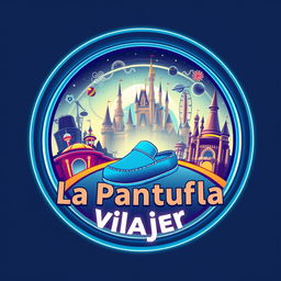 A futuristic circular logo design for "La Pantufla Viajera," a travel agency dedicated to Disney and Universal holiday destinations