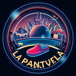 A futuristic circular logo design for "La Pantufla Viajera," a travel agency dedicated to Disney and Universal holiday destinations