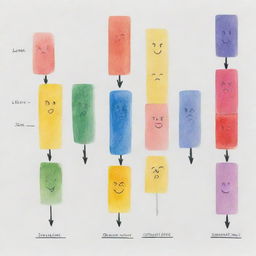 Illustrate an abstract timeline showing the intensity and change of different emotions experienced in a relationship, such as joy, sadness, anger, love, and confusion. Use color, shape, and size to represent the different emotions and their magnitudes over time.