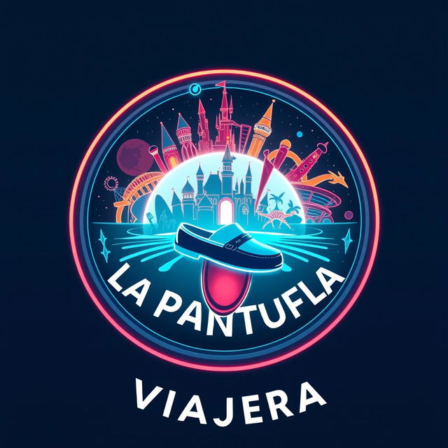 A futuristic circular logo design for "La Pantufla Viajera," a travel agency dedicated to Disney and Universal holiday destinations