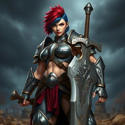 A striking human female warrior with a strong, masculine presence, standing powerfully with her large greatsword ready by her side