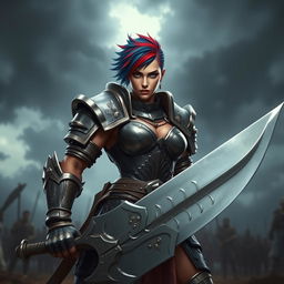 A striking human female warrior with a strong, masculine presence, standing powerfully with her large greatsword ready by her side