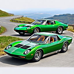 A stylish four-door saloon car inspired by the iconic shape of a Lamborghini Miura, featuring a sleek, low profile and curvaceous lines that evoke the classic design