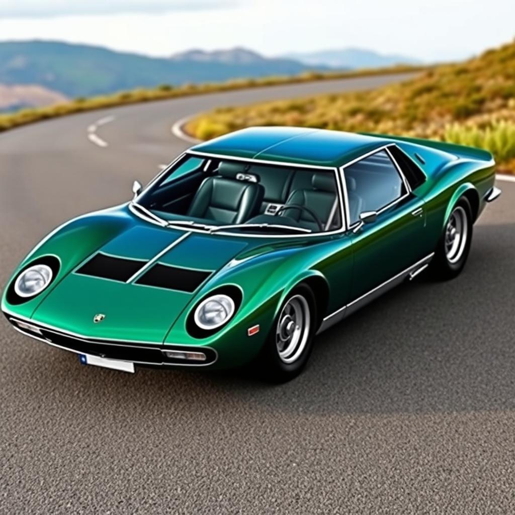 A stylish four-door saloon car inspired by the iconic shape of a Lamborghini Miura, featuring a sleek, low profile and curvaceous lines that evoke the classic design