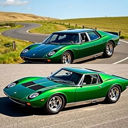 A stylish four-door saloon car inspired by the iconic shape of a Lamborghini Miura, featuring a sleek, low profile and curvaceous lines that evoke the classic design