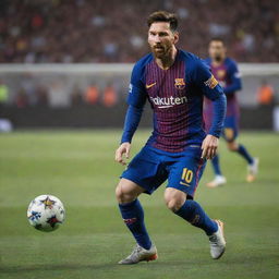 A realistic, high-quality image of Lionel Messi, the world-famous footballer. He is in mid-action on a football field, wearing his Barcelona FC jersey, dribbling the ball.