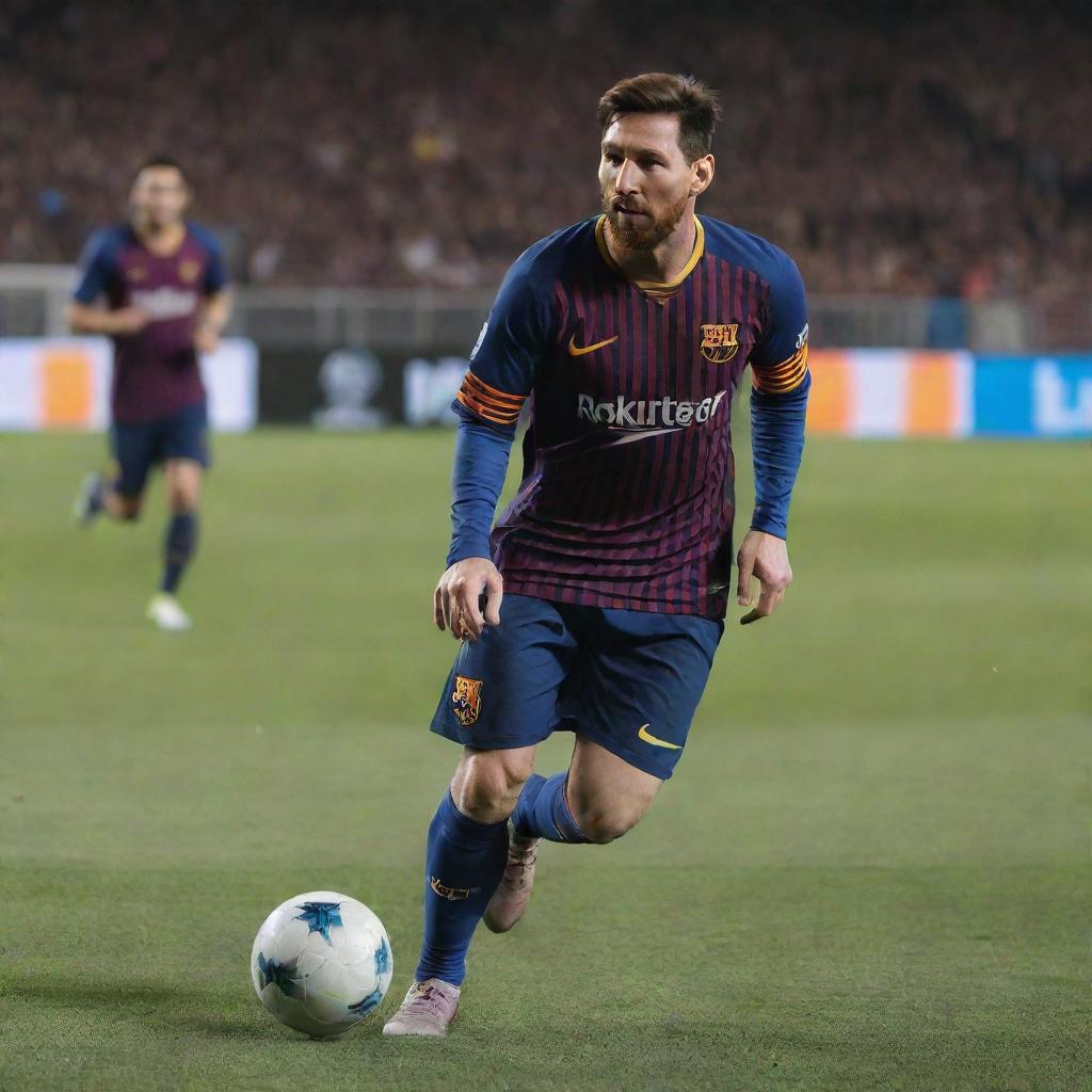 A realistic, high-quality image of Lionel Messi, the world-famous footballer. He is in mid-action on a football field, wearing his Barcelona FC jersey, dribbling the ball.