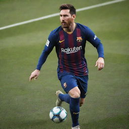 A realistic, high-quality image of Lionel Messi, the world-famous footballer. He is in mid-action on a football field, wearing his Barcelona FC jersey, dribbling the ball.