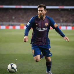 A realistic, high-quality image of Lionel Messi, the world-famous footballer. He is in mid-action on a football field, wearing his Barcelona FC jersey, dribbling the ball.