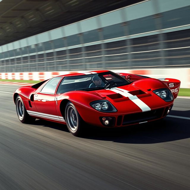 A sophisticated four-door saloon inspired by the legendary shape of the Ford GT40, featuring a distinctive low profile and streamlined body that reflects the iconic racing heritage