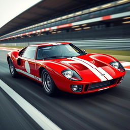 A sophisticated four-door saloon inspired by the legendary shape of the Ford GT40, featuring a distinctive low profile and streamlined body that reflects the iconic racing heritage