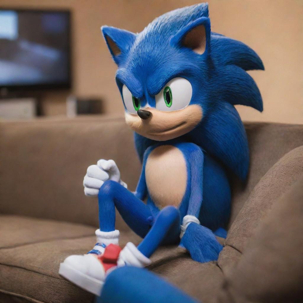 An action-packed image of Sonic the Hedgehog, comfortably sitting on a couch while intensely playing video games on an Xbox. Sonic's blue spikes can be seen gleaming under the room's soft lighting.