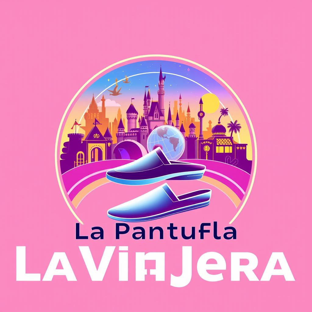 A futuristic circular logo design for "La Pantufla Viajera," a travel agency focused on Disney and Universal holiday destinations