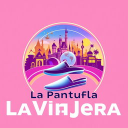 A futuristic circular logo design for "La Pantufla Viajera," a travel agency focused on Disney and Universal holiday destinations