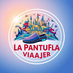 A futuristic circular logo design for "La Pantufla Viajera," a travel agency focused on Disney and Universal holiday destinations