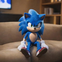 An action-packed image of Sonic the Hedgehog, comfortably sitting on a couch while intensely playing video games on an Xbox. Sonic's blue spikes can be seen gleaming under the room's soft lighting.