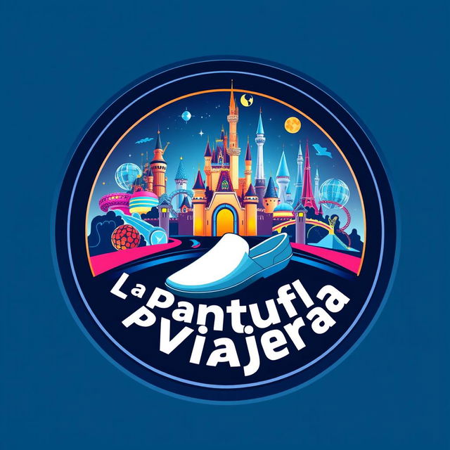 A futuristic circular logo design for "La Pantufla Viajera," a travel agency focused on Disney and Universal holiday destinations