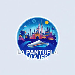 A futuristic circular logo design for "La Pantufla Viajera," a travel agency focused on Disney and Universal holiday destinations