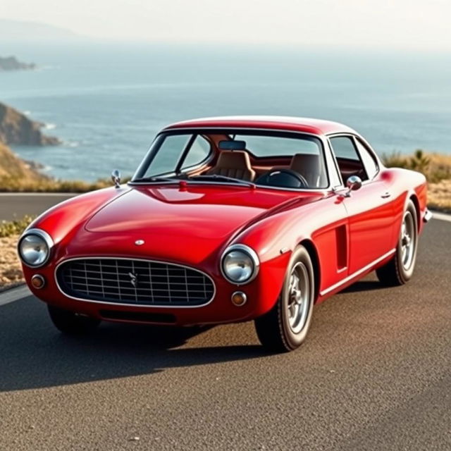 A classic four-door fastback car designed in the stylish essence of 1960s Italian sports cars, featuring a sleek, aerodynamic silhouette with smooth curves and an elongated profile