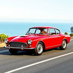 A classic four-door fastback car designed in the stylish essence of 1960s Italian sports cars, featuring a sleek, aerodynamic silhouette with smooth curves and an elongated profile