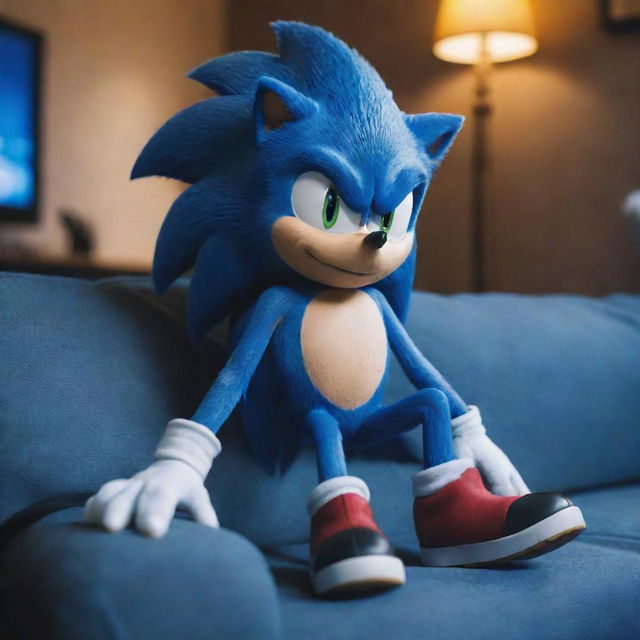 An action-packed image of Sonic the Hedgehog, comfortably sitting on a couch while intensely playing video games on an Xbox. Sonic's blue spikes can be seen gleaming under the room's soft lighting.