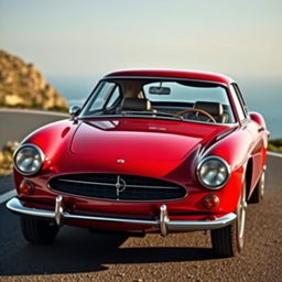 A classic four-door fastback car designed in the stylish essence of 1960s Italian sports cars, featuring a sleek, aerodynamic silhouette with smooth curves and an elongated profile