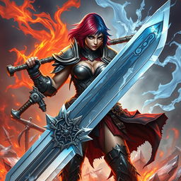 A commanding human female warrior embodying strength and power, wielding a gigantic greatsword with confidence