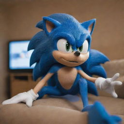 An action-packed image of Sonic the Hedgehog, comfortably sitting on a couch while intensely playing video games on an Xbox. Sonic's blue spikes can be seen gleaming under the room's soft lighting.