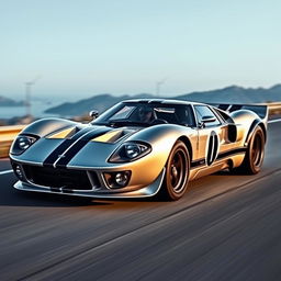 A striking five-door fastback car inspired by the iconic shape of the Ford GT40, featuring an aerodynamic and elongated design that emphasizes speed and performance