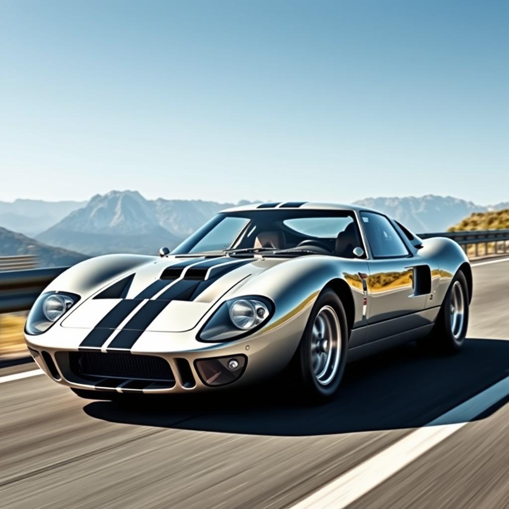 A striking five-door fastback car inspired by the iconic shape of the Ford GT40, featuring an aerodynamic and elongated design that emphasizes speed and performance