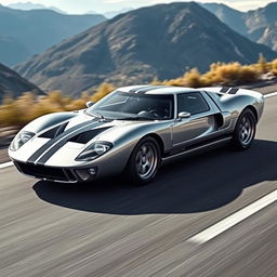 A striking five-door fastback car inspired by the iconic shape of the Ford GT40, featuring an aerodynamic and elongated design that emphasizes speed and performance