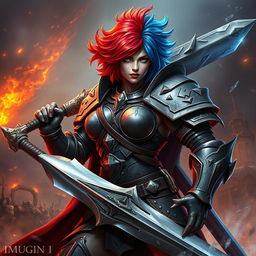 An imposing human warrior with an agender female appearance, demonstrating remarkable strength and valor