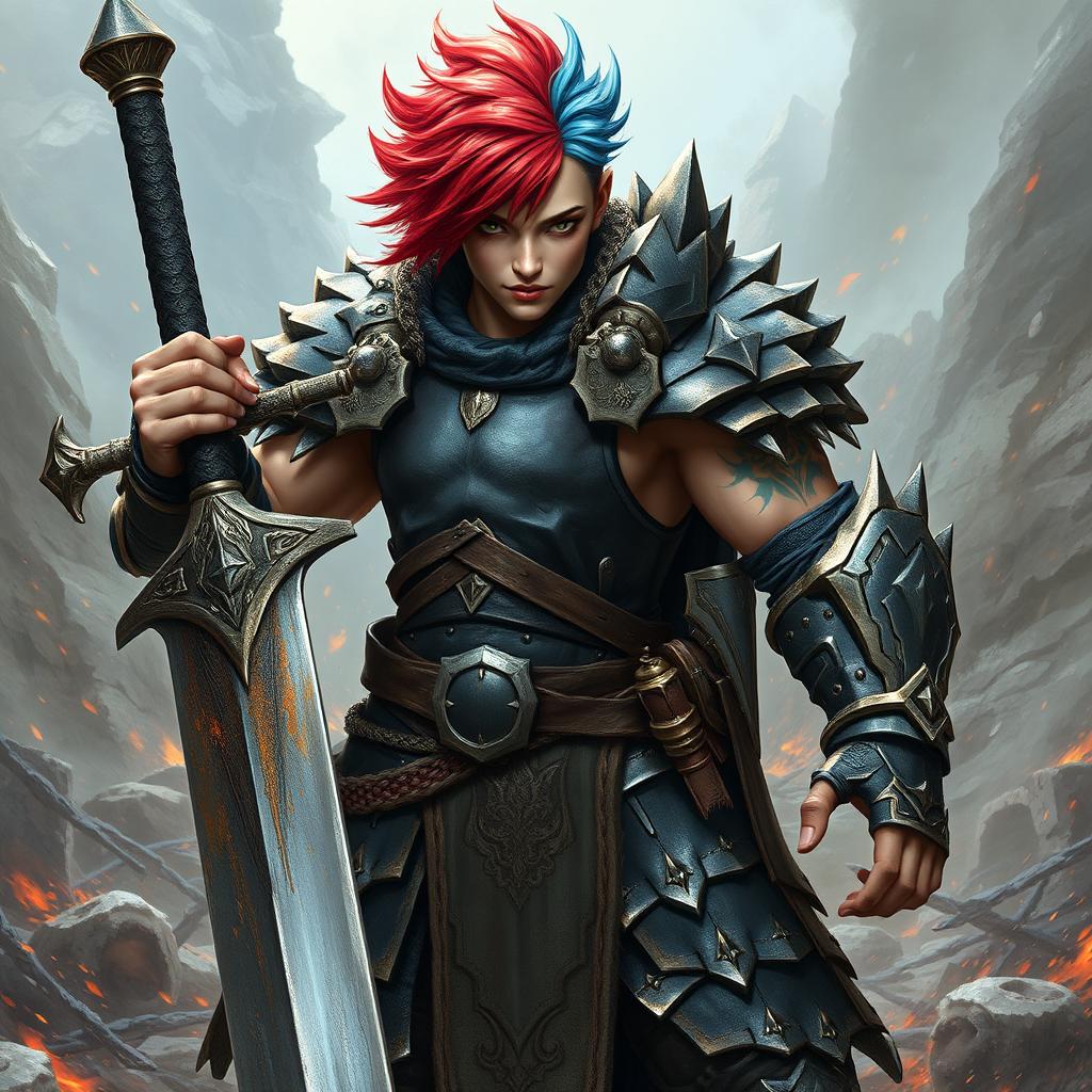 A formidable human warrior with an agender appearance, showcasing immense strength and skill