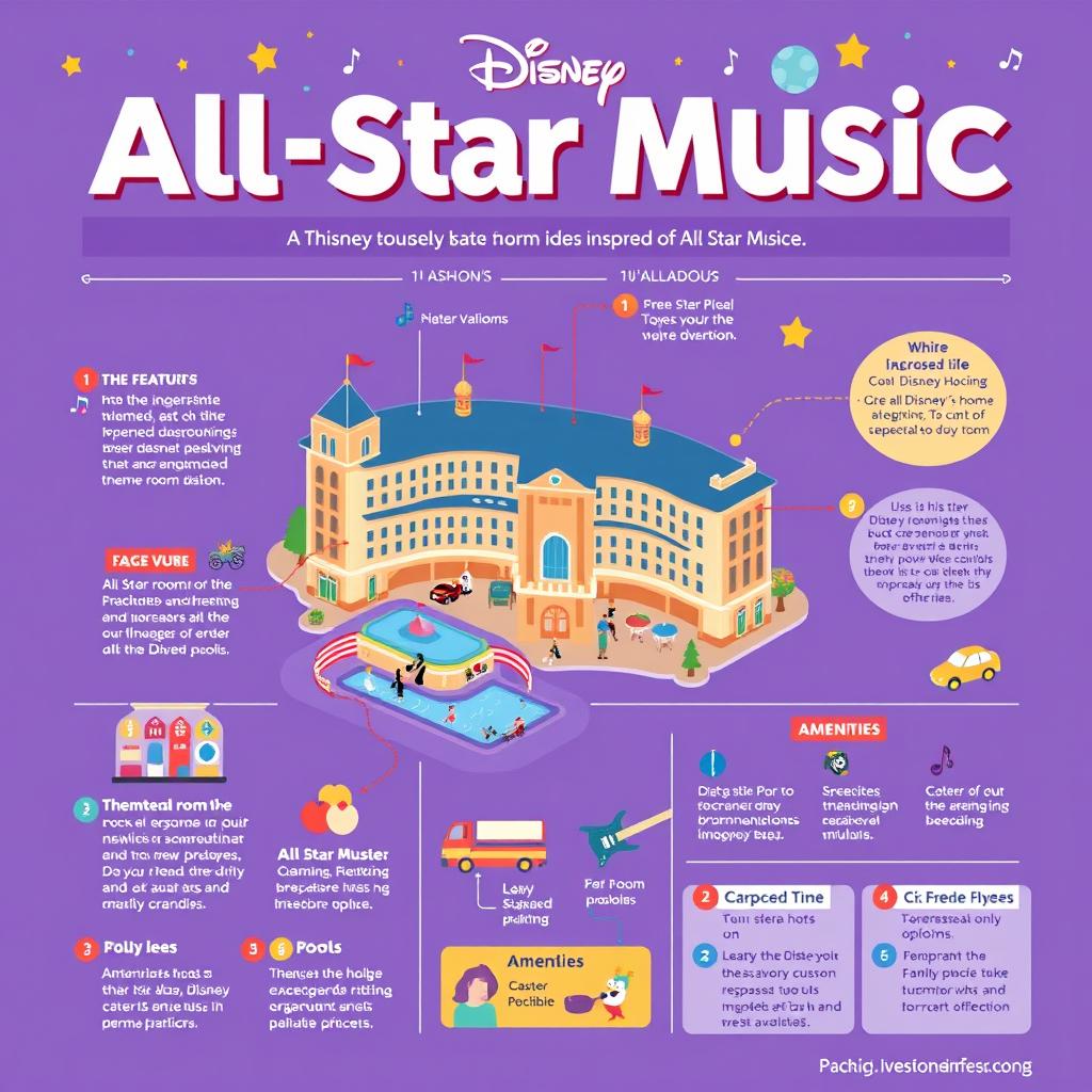 An engaging and vibrant infographic showcasing All Star Music, a Disney hotel accommodation